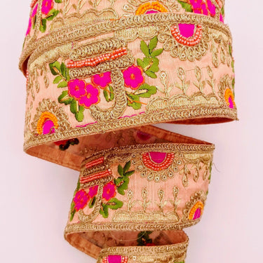 Peach Art Silk Fabric Trim With Green, Orange, Fuchsia Pink And Gold Floral Embroidery